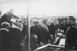 Jews forced to board a deportation ship  in the Danube River port of Lom during deportations from Bulgarian-occupied territories. [LCID: 79717a]