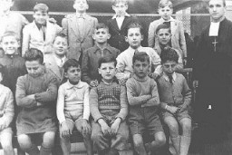 Class photograph of students at the San Leone Magno Fratelli Maristi boarding school in Rome. Pictured in the top row at the far right is Zigmund Krauthamer, a Jewish child who was being hidden at the school. Rome, Italy, 1943–44.