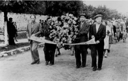 Funeral procession for victims of the Kielce pogrom. Kielce, Poland, July 1946.