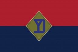 A digital representation of the United States 26th Infantry Division's flag. 
The US 26th Infantry Division (the "Yankee" division) was formed in 1917 and fought in World War I. During World War II, they were involved in the Battle of the Bulge and captured the city of Linz. The division also overran the Gusen concentration camp. The 26th Infantry Division was recognized as a liberating unit in 2002 by the United States Army Center of Military History and the United States Holocaust Memorial Museum (USHMM). 
 