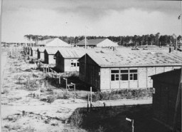 A view of barracks in the Stutthof concentration camp. This photograph was taken after the liberation of the camp. Stutthof, near Danzig, 1945.