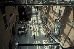 Visitors in the Hall of Witness in the United States Holocaust Memorial Museum. Photograph taken from the Museum's second floor. October 1994.