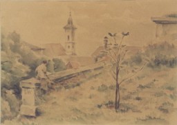 1943 watercolor landscape of Theresienstadt painted by Otto Samisch. Despite the terrible living conditions and the constant threat of deportation, Theresienstadt had a highly developed cultural life.