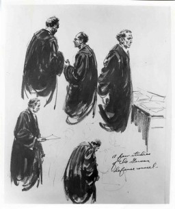 Courtroom sketch drawn during the International Military Tribunal by American artist Edward Vebell. The drawing's title is "A few studies of the German defense counsel." 1945.