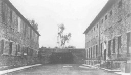 Tembok Hitam, antara Blok 10 (kiri) dan Blok 11 (kanan) di kamp konsentrasi Auschwitz, di mana eksekusi terhadap para tahanan berlangsung