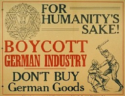 Affiche (publiée par les vétérans de guerre juifs des Etats-Unis) appelant au boycott des produits allemands. New-York, Etats-Unis, entre 1937 et 1939.