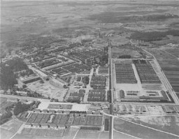  Aerial view of the Dachau concentration camp. This photograph was taken after the liberation of the camp. [LCID: 80740]