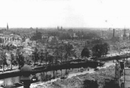 Aerial view of the city of Rotterdam after it was bombed by the Luftwaffe (the German Air Force). Rotterdam, the Netherlands, May–June 1940.