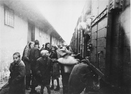 Macedonian Jews prepare to board a deportation train in Skopje