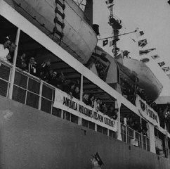 The S.S. General Black, arriving in New York harbor, brings 1,516 new immigrants to the United States under provisions of the newly enacted Displaced Persons' Act. United States, 1948.