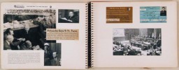 Many observers at the IMT, aware of the historic nature of the trial, created scrapbooks to preserve their own record of the Nuremberg court. First Lieutenant Herman E. Klappert, Jr. was a photographer with the U.S. Army Signal Corps who assembled three such scrapbooks. Klappert's albums consist almost entirely of photographs that he printed himself. Also included in the albums are original autographs from the defendants and other principal figures at the trial, official identification cards issued to Klappert, pages from a program guide handed out at the trial, and prints from motion picture film. These two pages include the original Signal Corps Radiophoto caption, as well as a newspaper clipping reporting sentencing results.