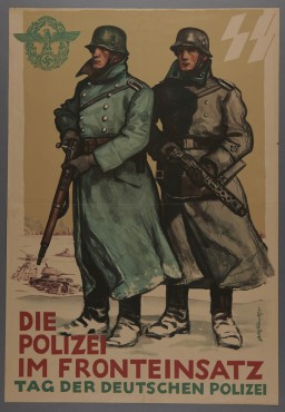Propaganda poster depicting two Germans in the field during World War II. After the war began in 1939, Police Battalions were deployed alongside the German military. This poster was designed by SS-Hauptsturmführer Felix Albrecht in 1941. 
 