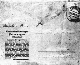 Official postcard for use by prisoners of the Esterwegen concentration camp. Esterwegen, near Hamburg, was one of the early camps established by the SS. The text at the left side gives instructions and restrictions to inmates about what can be mailed and received. Germany, August 14, 1935.