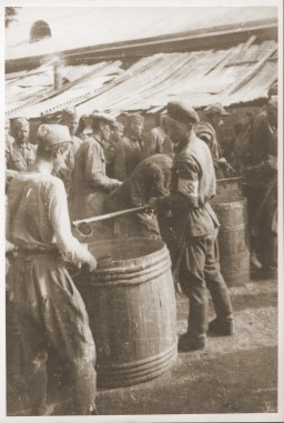 Soviet prisoners of war receiving their meager rations. [LCID: 50166]