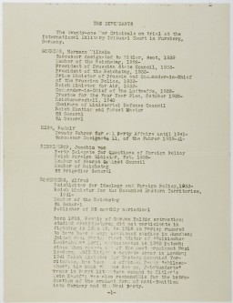 First page of a list of defendants at the International Military Tribunal at Nuremberg. This material appears in a mimeographed program booklet distributed at the IMT. This page includes: Hermann Göring, Rudolf Hess, Joachim von Ribbentrop, and Alfred Rosenberg, along with brief biographical information for each.