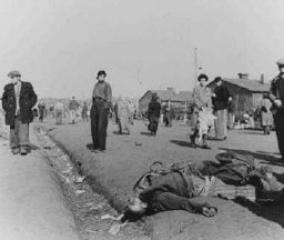 Soon after liberation, camp survivors walk amidst dead bodies. Bergen-Belsen, Germany, after April 15, 1945.