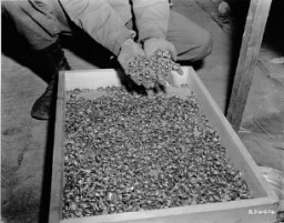Wedding rings taken from prisoners. The rings were found near the Buchenwald concentration camp following liberation by US Army soldiers. Germany, May 1945.