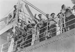 Jewish refugee youth sail for Palestine from an Italian port on the Aliyah Bet ("illegal" immigration) ship "Parita." [LCID: 86614]