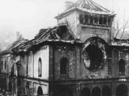Herzog Rudolfstrasse synagogue after it was destroyed during Kristallnacht (the "Night of Broken Glass"). Munich, Germany, November 1938.