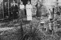 Femmes juives incarcérées, derrière la clôture de fil de fer barbelé dans le camp de détention de Gurs.