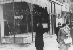 Jewish-owned shop destroyed during Kristallnacht, the "Night of Broken Glass" pogrom. Berlin, Germany, November 1938.