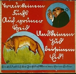 جلد یک کتاب آلمانی ویژه کودکان با مضمون یهودی ستیزی، تحت عنوان "نه به هیچ روباهی در چمن زار سبز اعتماد کن و نه به قسم هیچ یهودی." آلمان، 1936.