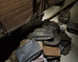 A collection of valises belonging to Jews who were deported to death camps. [LCID: n02436]