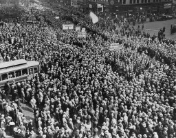 More than a hundred thousand demonstrators gather in front of Madison Square Garden to take part in an anti-Nazi protest march through lower Manhattan. May 10, 1933.