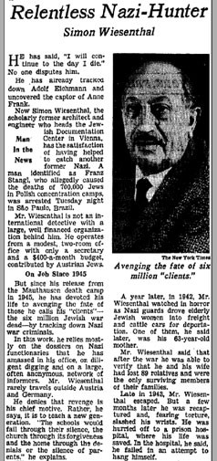A March 3, 1967, New York Times article about Simon Wiesenthal entitled, "Relentless Nazi-Hunter."