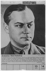 Retrato de Alfred Rosenberg. Pertenece a una colección de retratos incluida en un calendario de oficiales nazis de 1939. Alemania, 1939.