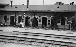 View of the train station in Oswiecim, Poland, before World War II. 