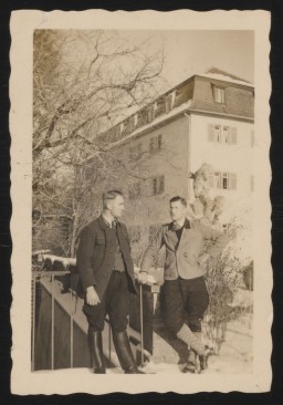 Siegfried Graetschus (right) and an unidentified man stand in front of Grafeneck, the first killing center established under Aktion T4 (the Nazi Euthanasia Program). Before joining the T4 program, Graetschus worked at the Sachsenhausen concentration camp. Photo dated early 1940. 