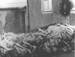 Corpos empilhados atrás do crematório em Buchenwald.