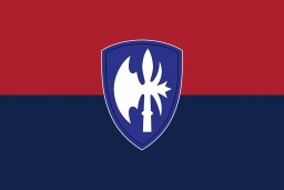 A digital representation of the United States 65th Infantry Division's flag. 
The US 65th Infantry Division (the "Battle Axe" division) was established in 1943. During World War II, they took the cities of Regensburg, Passau, and Linz. The division also overran a subcamp of the Flossenbürg concentration camp. The 65th Infantry Division was recognized as a liberating unit in 1994 by the United States Army Center of Military History and the United States Holocaust Memorial Museum (USHMM). 
