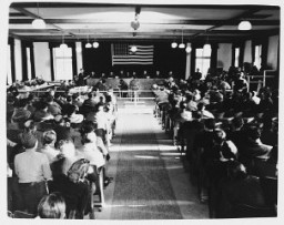 View of the courtroom during the Dachau concentration camp trial. November 15-December 13, 1945.