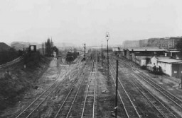 Rail tracks at the Putlitz Street railroad station in Berlin. Jews were deported from this station. Berlin, Germany, date uncertain.