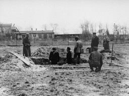 Prisoners at forced labor under SS and police guard in the Oranienburg concentration camp. [LCID: 78400]