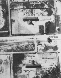Aerial photograph showing the gas chambers and crematoria 2 and 3 at the Auschwitz-Birkenau (Auschwitz II) killing center Auschwitz, ... [LCID: 04300]