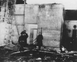 Soviet soldiers guard the entrance to Adolf Hitler's underground bunker. Upon the advance of Soviet forces through the streets of Berlin, Hitler committed suicide here on April 30, 1945, rather than face capture. Berlin, Germany, 1945.