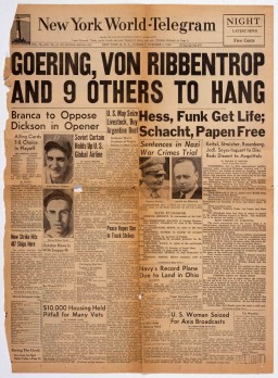 Front page of a printed newspaper. The headline reads, ‘ Goering, Von Ribbentrop and 9 others to hang.’ The front page features photos of both Goering and Von Ribbentrop.