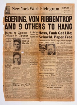 The front page of the New York World Telegram newspaper from Tuesday, October 1, 1946, announcing the sentences of the International Military Tribunal defendants.