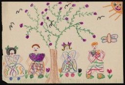 Children's art: Drawing of people in a garden