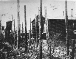 A view of the double row of barbed-wire fences that surrounded the Ohrdruf camp, a subcamp in the Buchenwald camp system. [LCID: 10278]