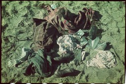 Belongings of a Jewish family murdered by an SS mobile killing squad at Babyn Yar. On September 29-30, 1941, the SS killed more than 33,000 Jews from Kyiv (Kiev). A German Propaganda Company photographer took this image within days of the massacre. Kyiv, German-occupied Soviet Union, after September 30, 1941.