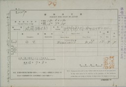 Paper permit with printed text in English and Japanese with handwritten notes in Japanese.