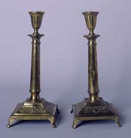 A pair of candlesticks, bought in Poland and used every Friday evening during observance of the Jewish Sabbath. Polish Jewish refugees fleeing the German invasion of Poland in 1939 carried these candlesticks with them to Vilna.