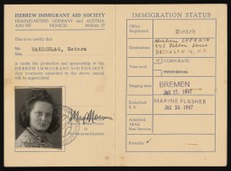 Hebrew Immigration Aid Society (HIAS) identity card for Estera Wakschlag (now Estelle Laughlin), July 1947. 
Estelle was born in Warsaw, Poland, on July 9, 1929. Her and her family were transported to Lublin-Majdanek after being discovered hiding during the Warsaw Ghetto Uprising. Estelle, along with her mother and sister, was chosen for forced labor, then later transferred to the Skarżysko concentration camp. She was transferred and liberated at Czestochowa. Estelle moved to Germany after the war, then immigated to the United States in 1947. 
Estelle Laughlin is a volunteer at the US Holocaust Memorial Museum. 