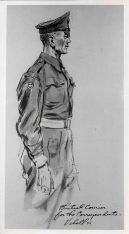 Courtroom sketch drawn during the International Military Tribunal by American artist Edward Vebell. The drawing's title is "British Courier for the Correspondents." 1945.
