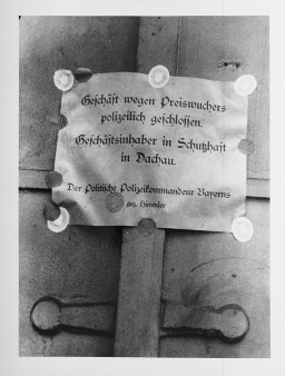 A notice reads "Business closed by the police due to profiteering. [LCID: 10754]