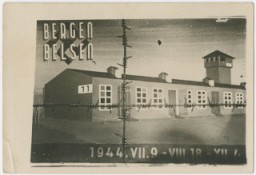 <p>Commemorative postcard with a drawing of barrack 11 of <a href="/narrative/4549">Bergen-Belsen</a> and marking the time the people on the <a href="/narrative/11729">Kasztner</a> train spent in the camp. The Jews from the Kasztner transport lived in two barracks, 10 and 11, inside Bergen-Belsen. (This was probably drawn by the Hungarian artist Robert (Imre) Irsay who himself was on the Kasztner transport.)</p>